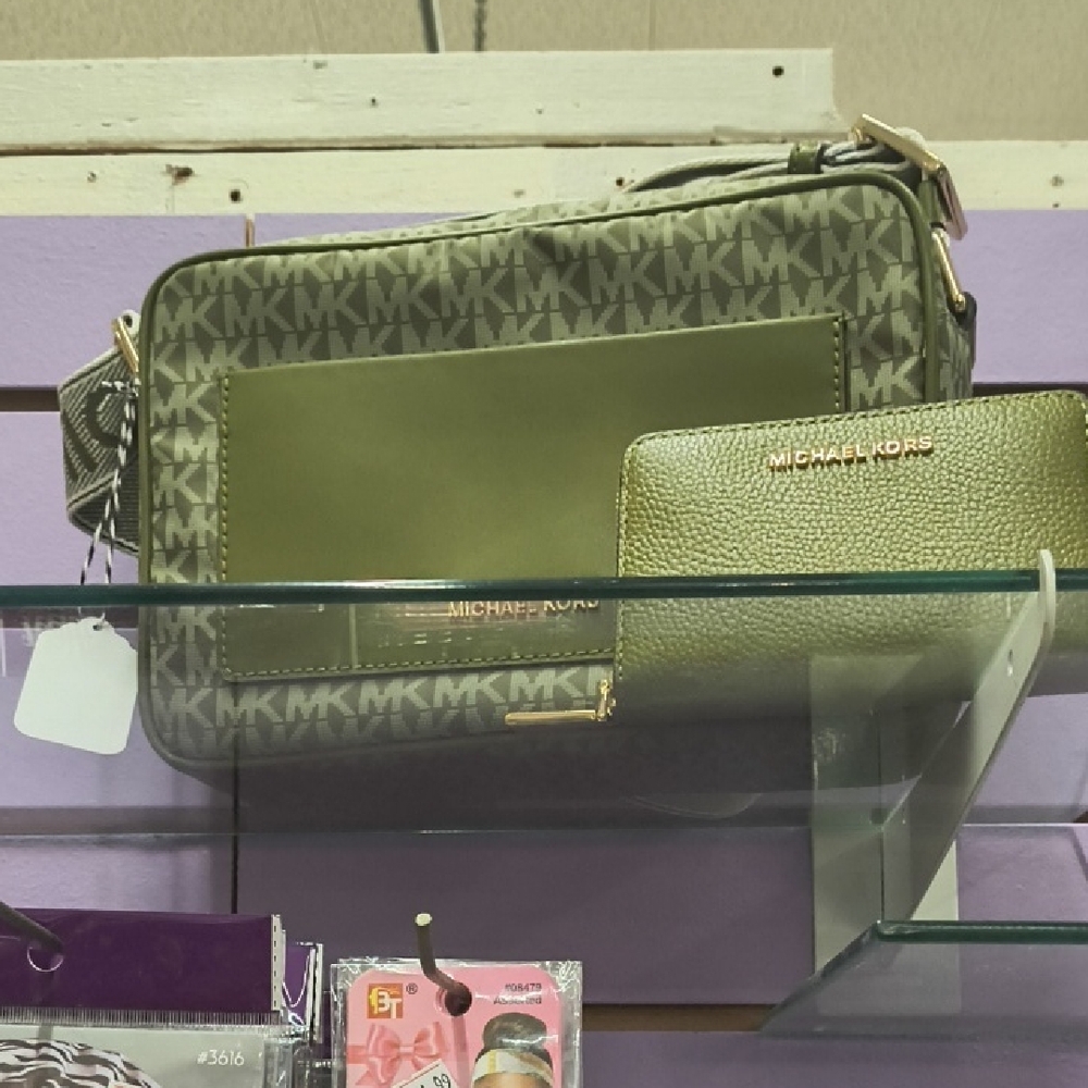 Michael Kors Green Monogram Crossbody Bag and Wallet